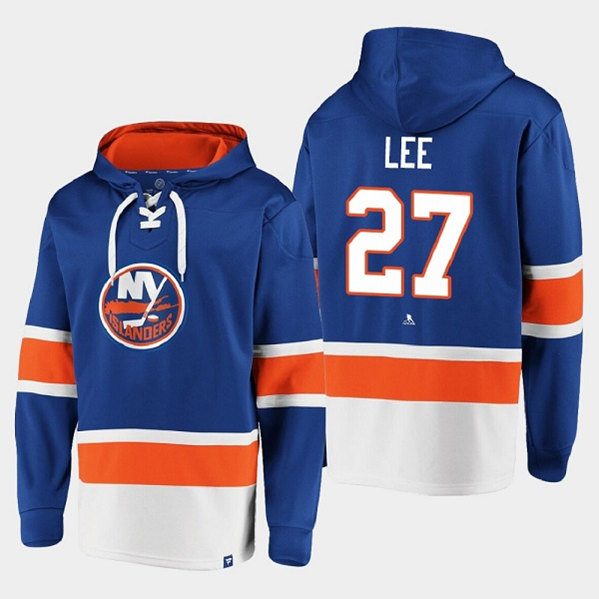 Men's New York Islanders #27 Anders Lee Royal Ageless Must-Have Lace-Up Pullover Hoodie